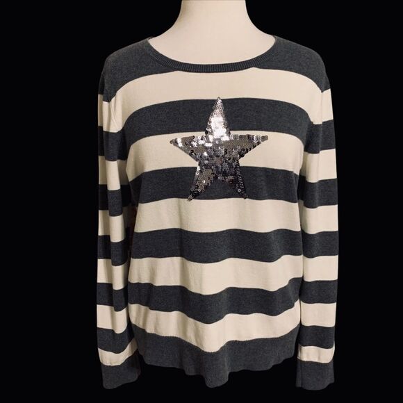 Tommy Hilfiger Long Sleeve Gray & White Wide Stripe Cotton Knit Sweater XL RG/XG - Picture 1 of 7